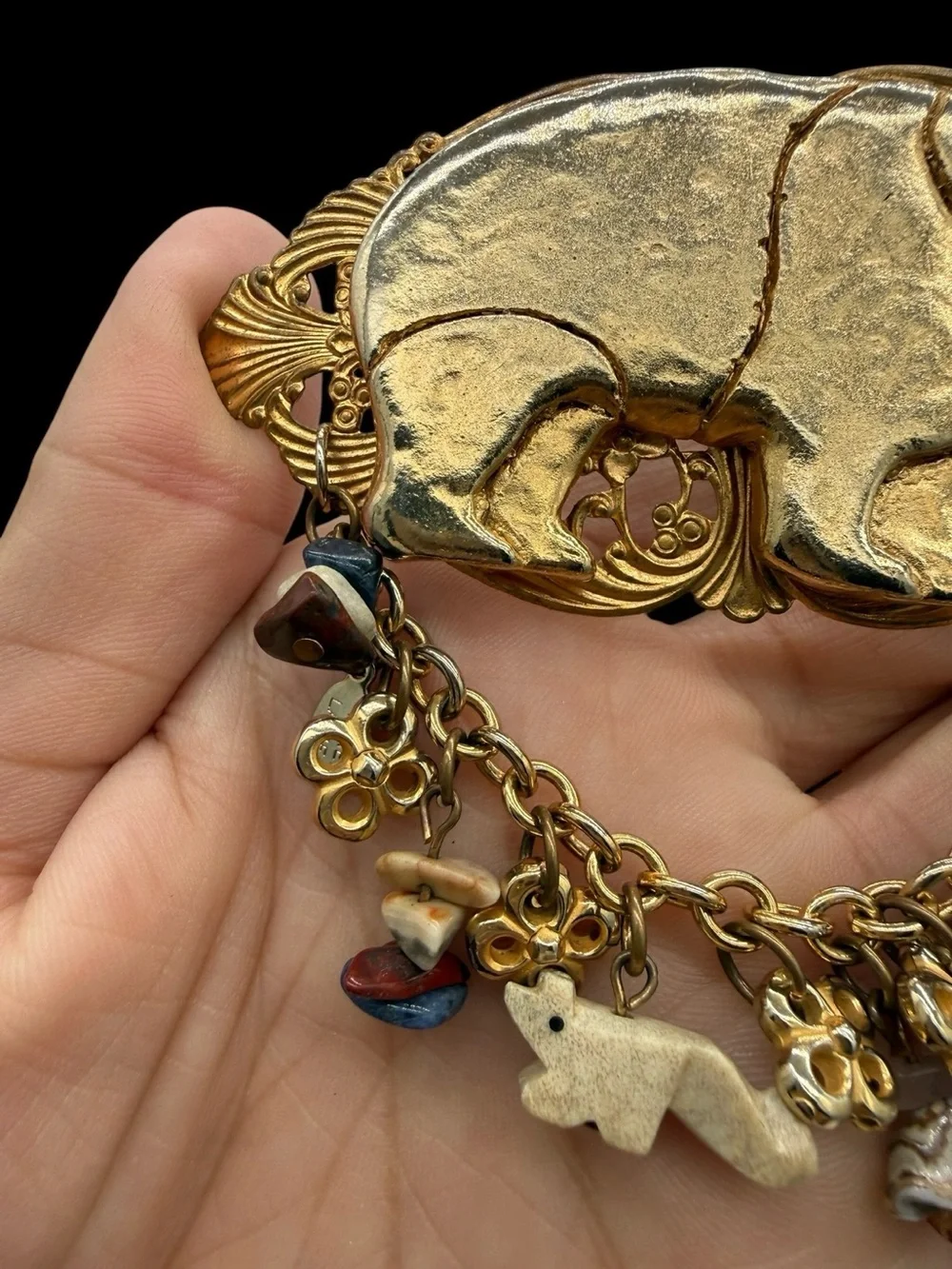 Vintage Roxsann Three Ladies Gold Bear Charm Brooch with Stone Animal Accents